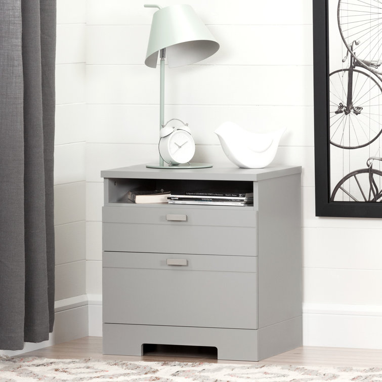 Soft Gray 2-Drawer Particleboard Nightstand with Cord Catcher