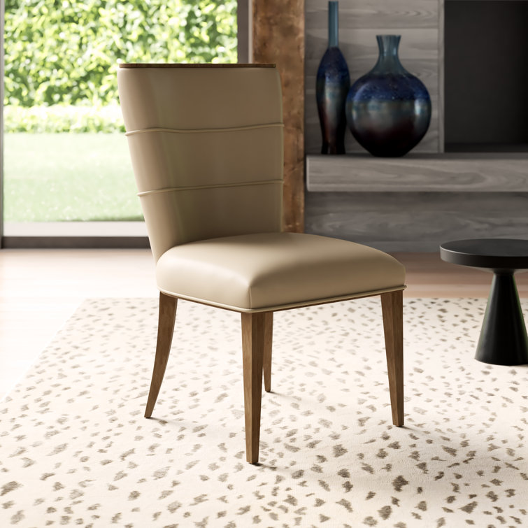 Beige Leather Upholstered Side Chair with Wood Trim