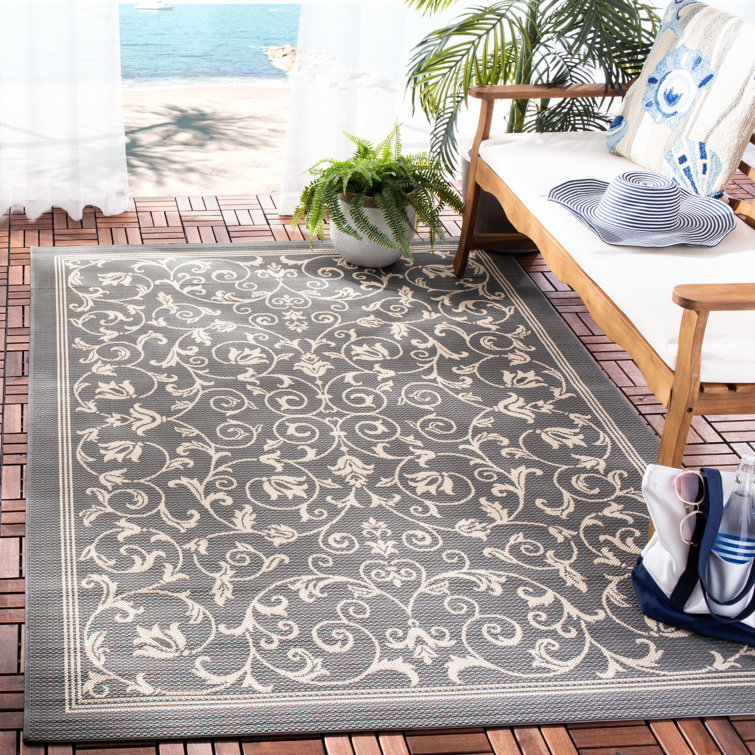 Gray Rectangular Baroque Print Synthetic Outdoor Area Rug
