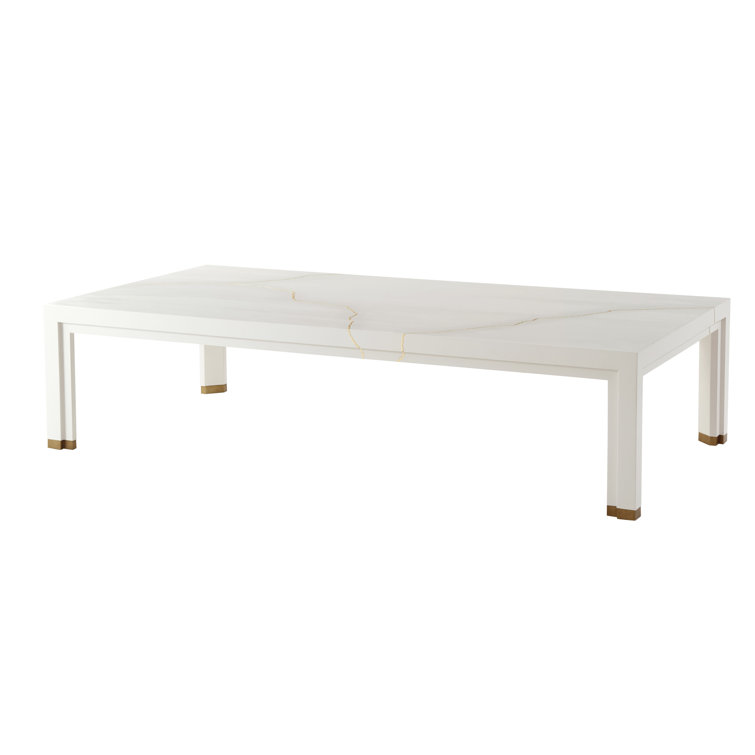 White Solid Beech Wood Coffee Table with Gold Accents