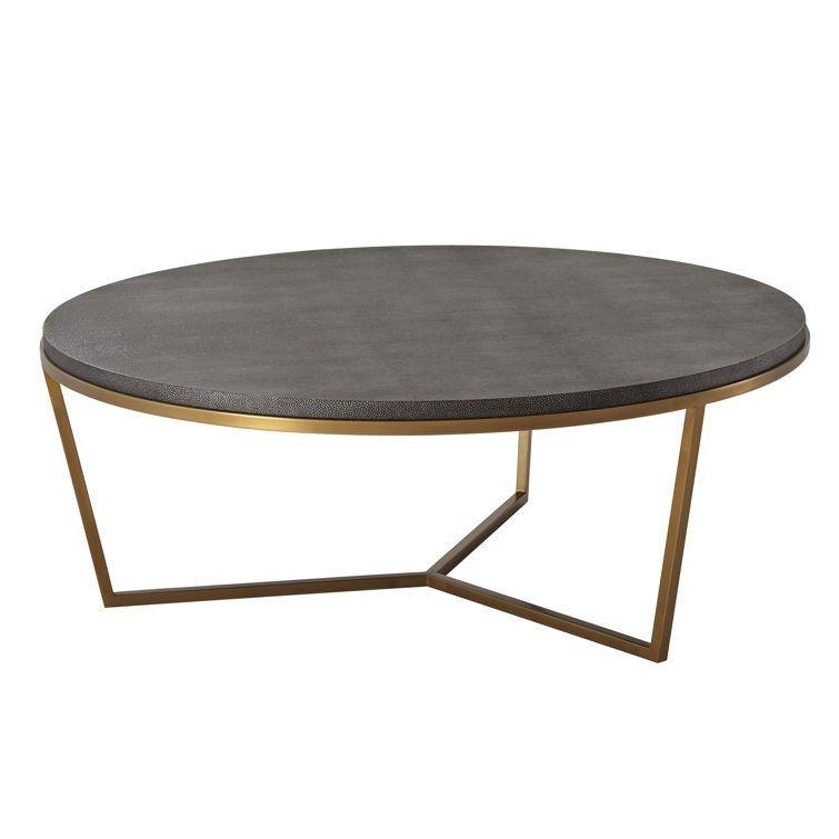 Round Dark Gray Leather and Gold Metal Coffee Table