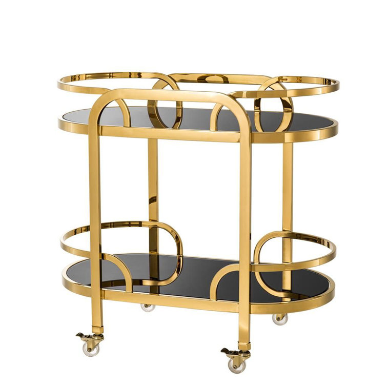 Gold Finish Oval Bar Cart with Black Glass Shelves