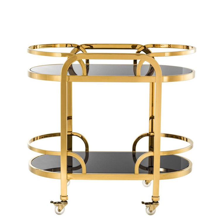 Gold Finish Oval Bar Cart with Black Glass Shelves