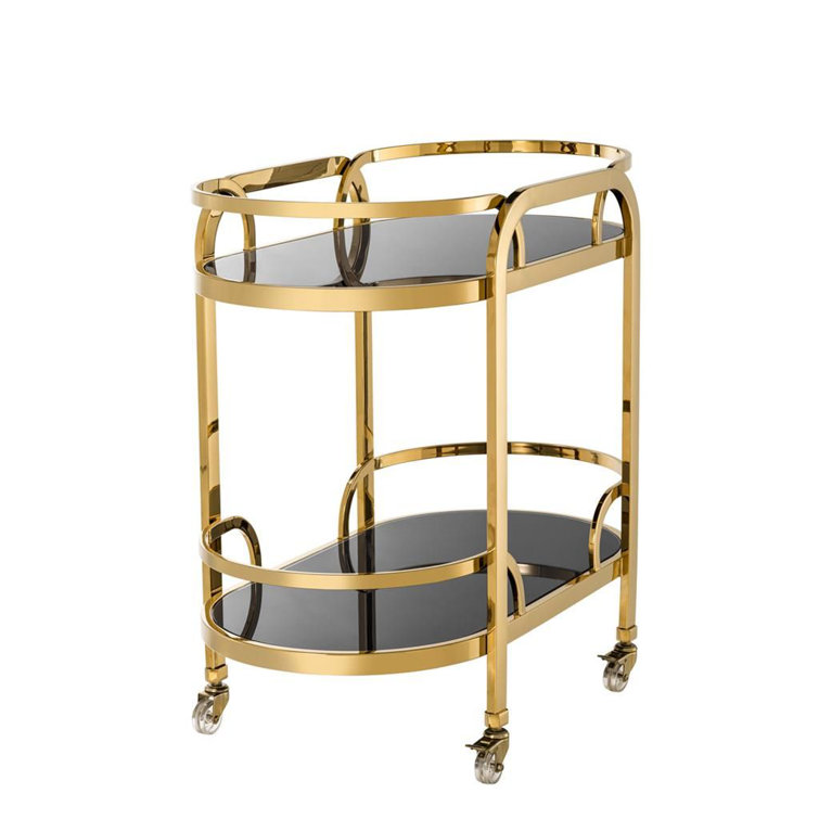 Gold Finish Oval Bar Cart with Black Glass Shelves