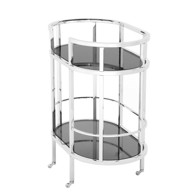 Silver Stainless Steel Bar Cart with Black Glass Shelves