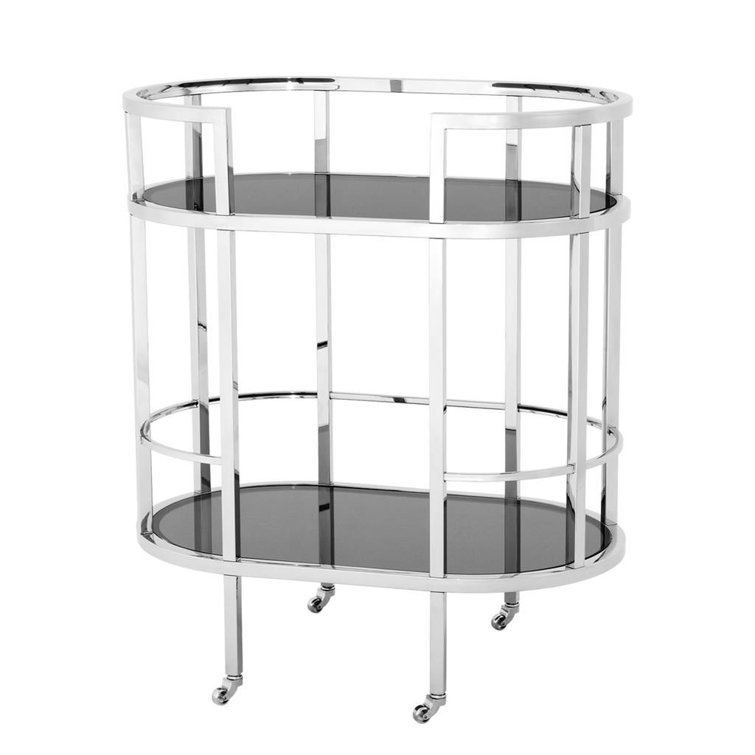 Silver Stainless Steel Bar Cart with Black Glass Shelves