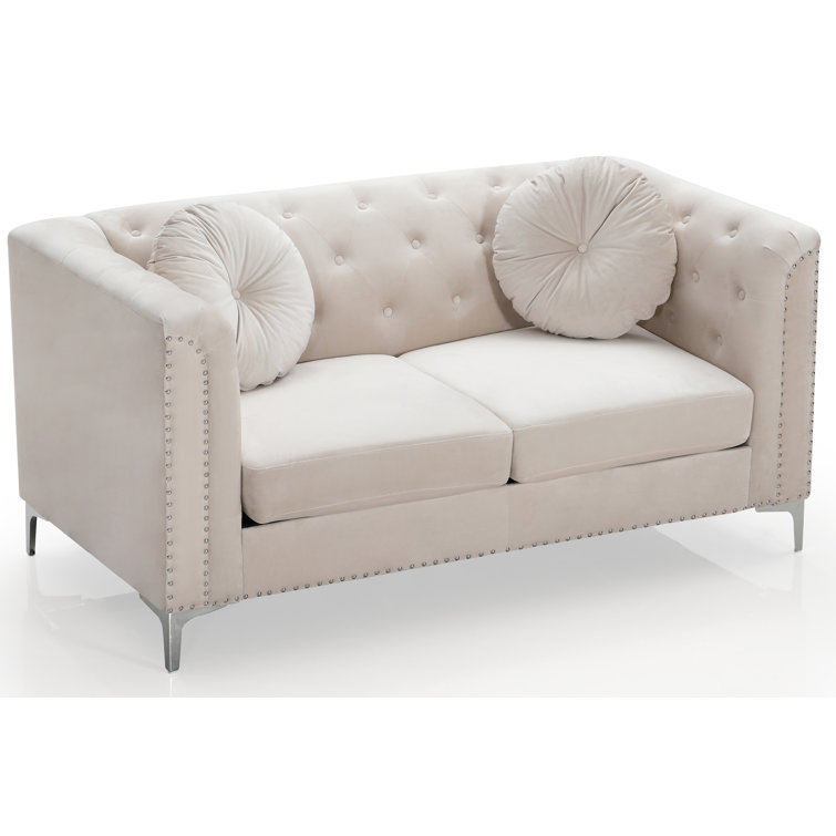 Ivory Tufted Velvet Loveseat with Nailhead Trim