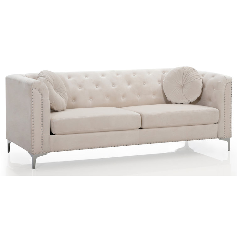 Ivory Tufted Velvet Sofa with Nailhead Trim and Removable Cushions