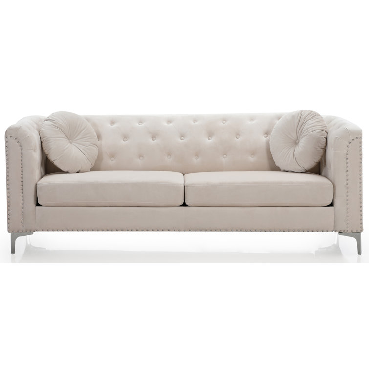 Ivory Tufted Velvet Sofa with Nailhead Trim and Removable Cushions
