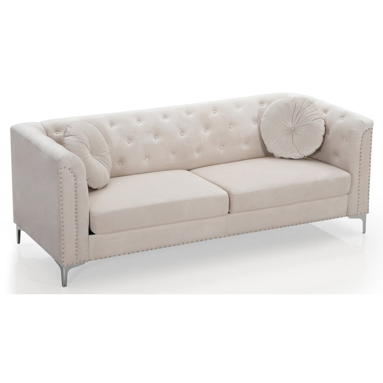 Ivory Tufted Velvet Sofa with Nailhead Trim and Removable Cushions