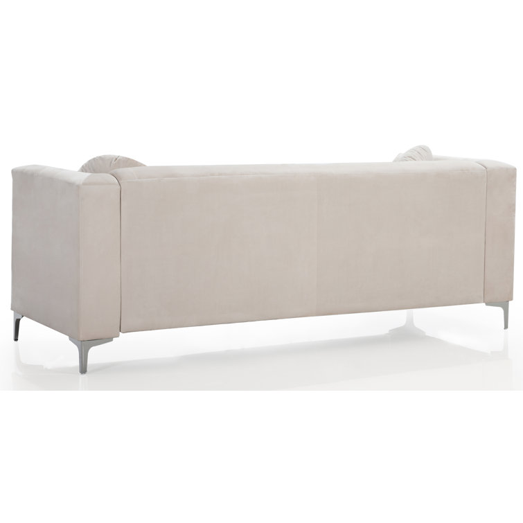 Ivory Tufted Velvet Sofa with Nailhead Trim and Removable Cushions