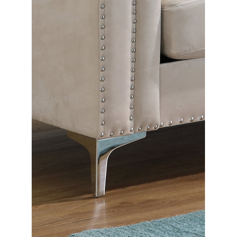 Ivory Tufted Velvet Sofa with Nailhead Trim and Removable Cushions