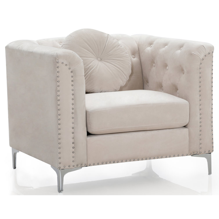 Ivory Velvet Luxe Wood-Trimmed Armchair with Chrome Accents