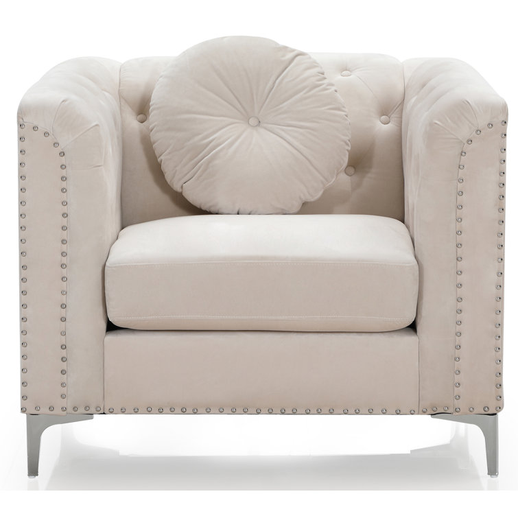 Ivory Velvet Luxe Wood-Trimmed Armchair with Chrome Accents