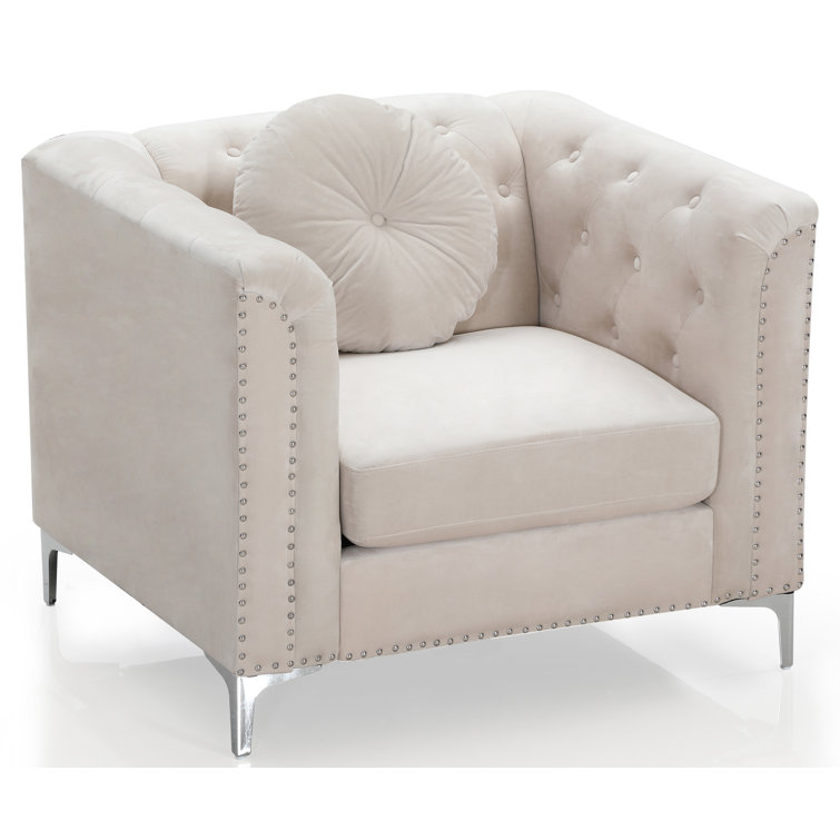Ivory Velvet Luxe Wood-Trimmed Armchair with Chrome Accents