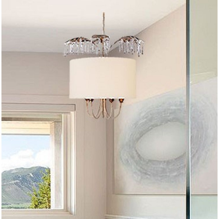 Antoinette Cream Linen and Glass 5-Light Drum Pendant with Distressed Gold and Silver Accents