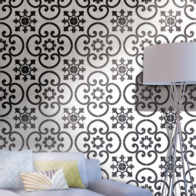 Agadir 8" x 8" Black and White Cement Patterned Tile