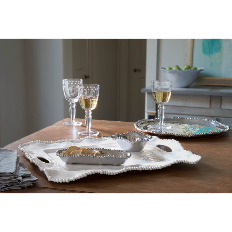 White Melamine Rectangular Tray with Handles and Pearl Rim