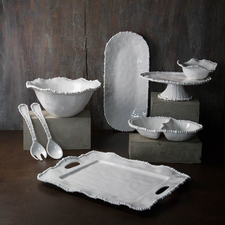 White Oval Ceramic Pedestal Cake Stand with Pearl Details