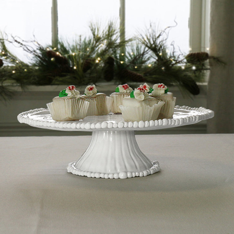 White Oval Ceramic Pedestal Cake Stand with Pearl Details