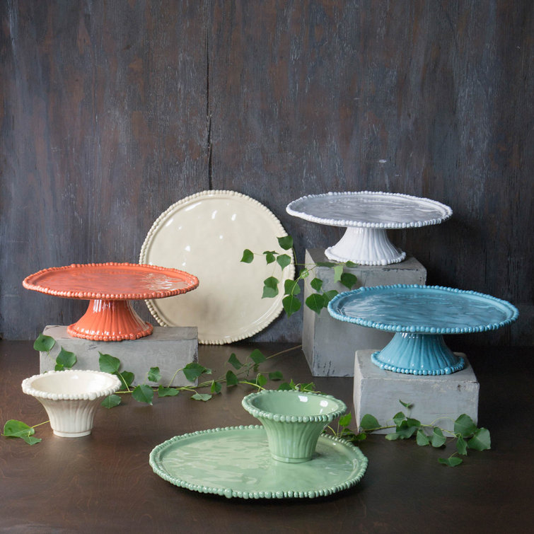 White Oval Ceramic Pedestal Cake Stand with Pearl Details