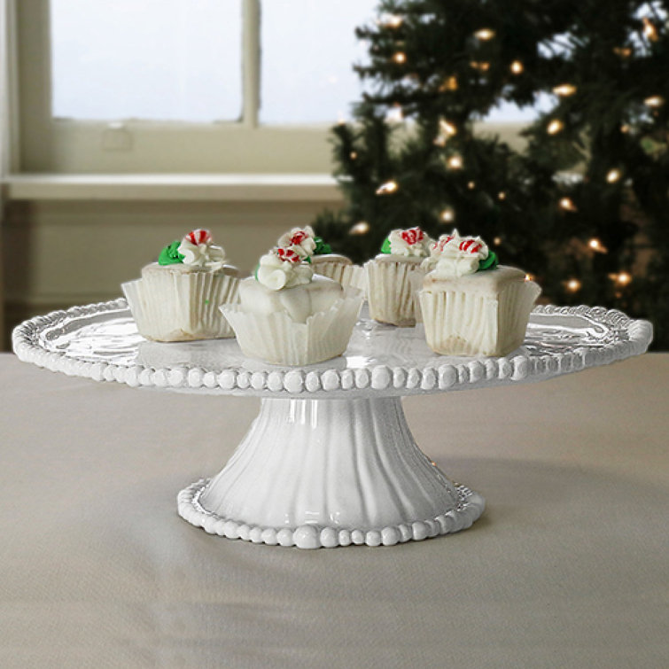 White Oval Ceramic Pedestal Cake Stand with Pearl Details