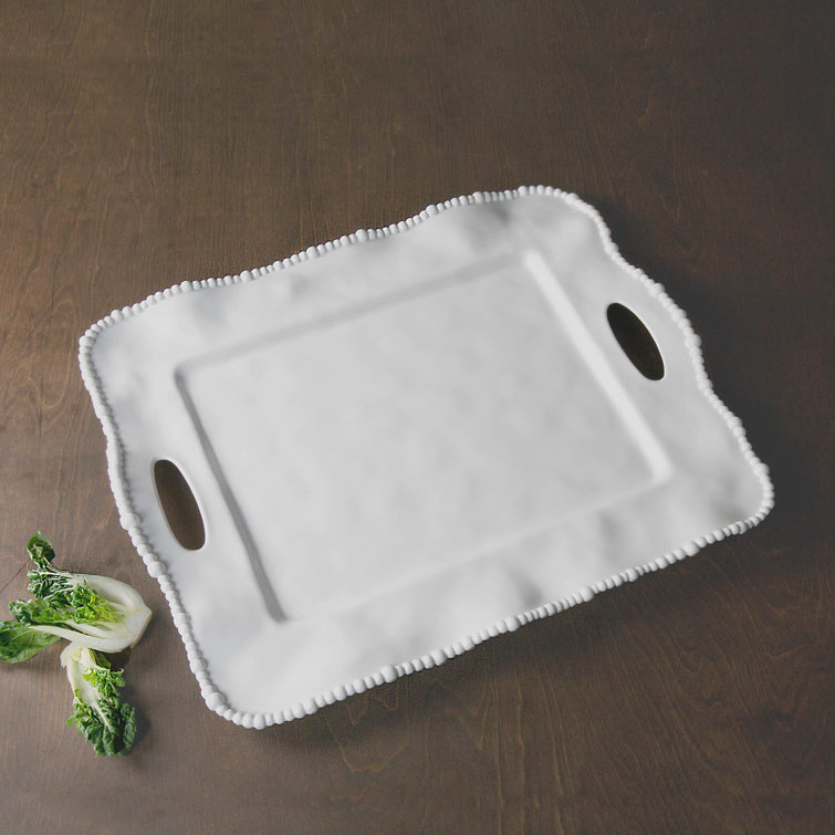White Melamine Rectangular Tray with Handles and Pearl Rim