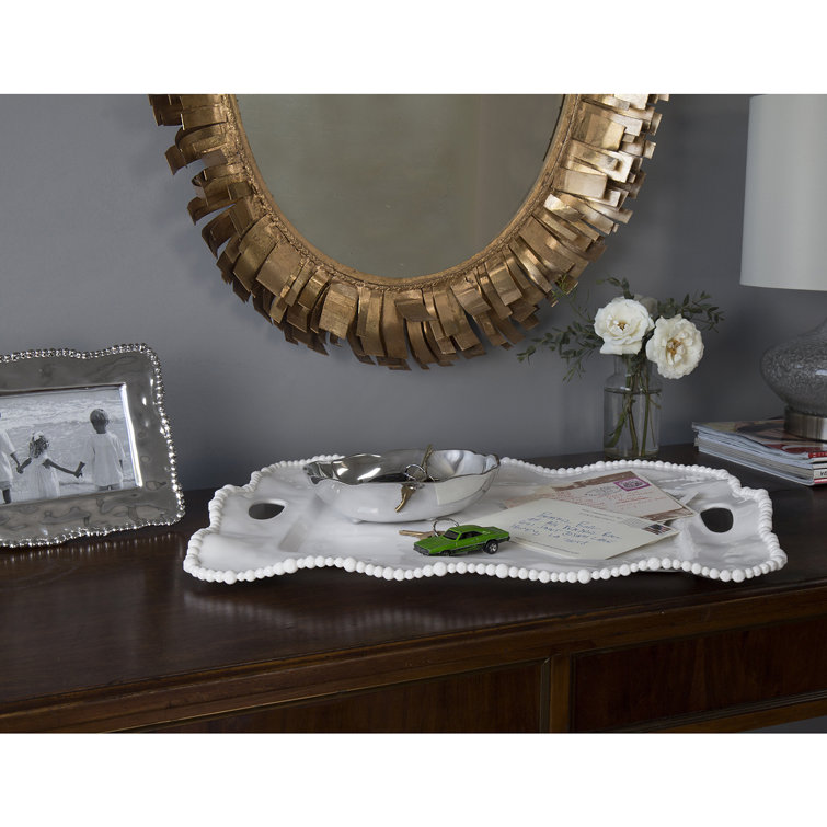 White Melamine Rectangular Tray with Handles and Pearl Rim
