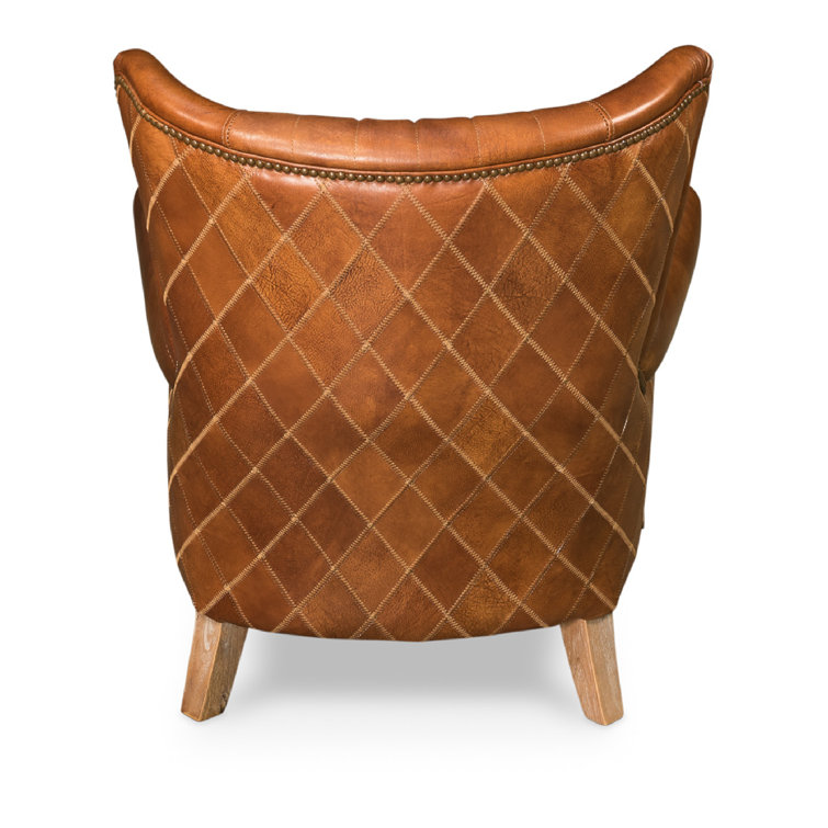Transitional Bugatti Brown Leather & Wood Wingback Arm Chair