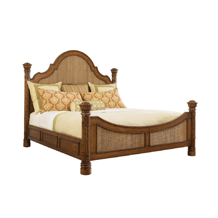 California King Coastal Brown Wood Poster Bed with Upholstered Headboard