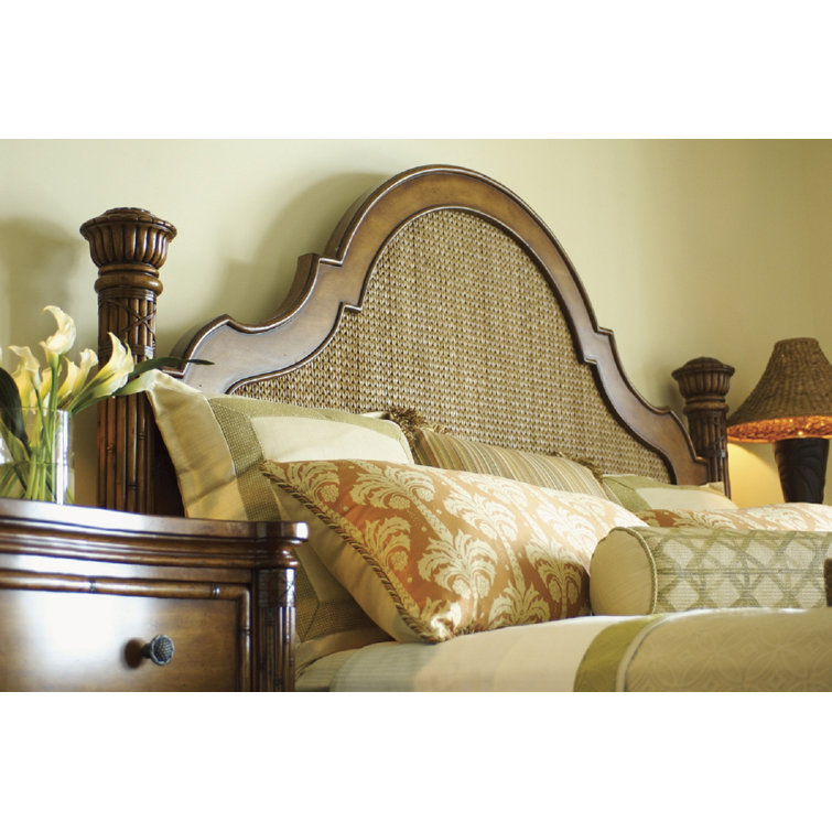 California King Coastal Brown Wood Poster Bed with Upholstered Headboard
