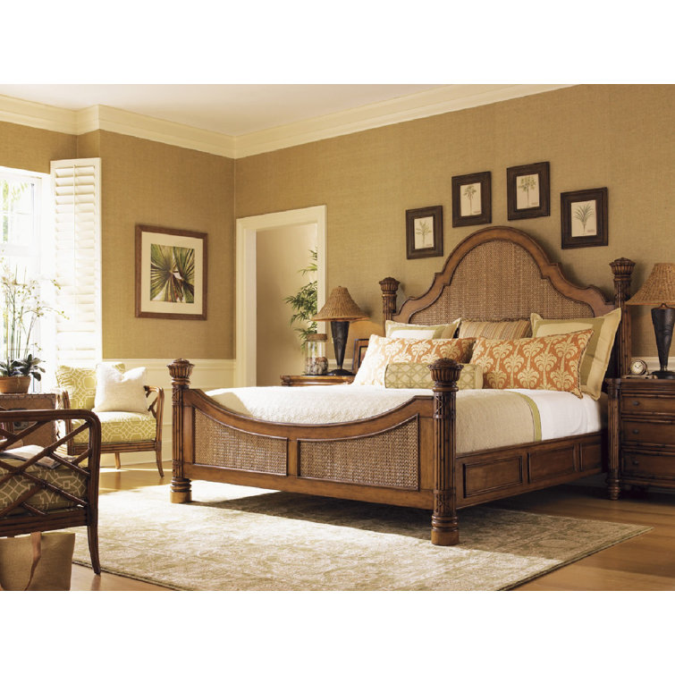 California King Coastal Brown Wood Poster Bed with Upholstered Headboard