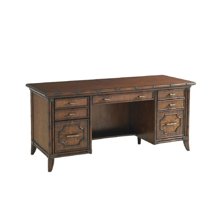 Brown Rattan Transitional Home Office Desk with 4 Drawers