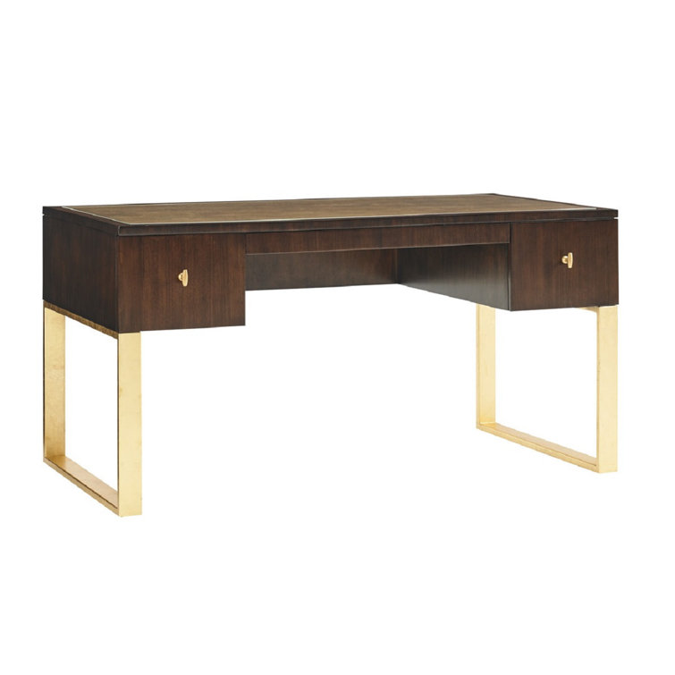Bel Aire Gold Leaf Accented Brown Home Office Desk with Glass Top