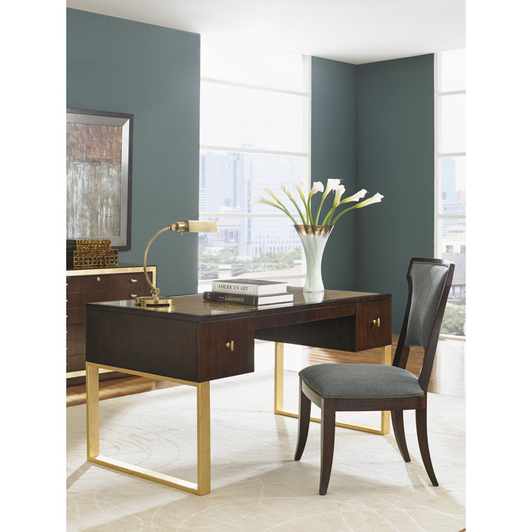 Bel Aire Gold Leaf Accented Brown Home Office Desk with Glass Top
