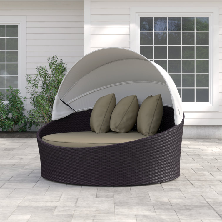 Espresso Mocha Round Wicker Rattan Outdoor Patio Daybed with Canopy