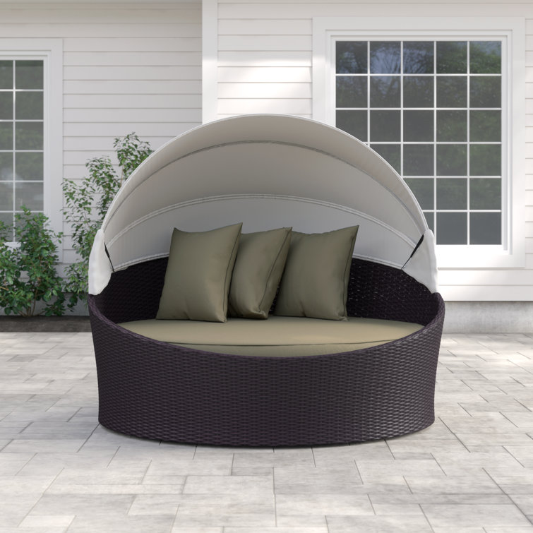 Espresso Mocha Round Wicker Rattan Outdoor Patio Daybed with Canopy