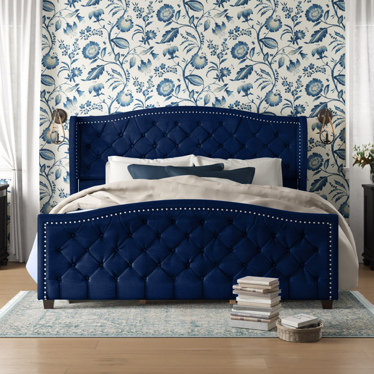 Navy Blue Velvet Tufted Queen Bed with Nailhead Trim