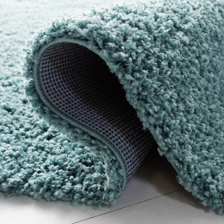 Aqua Square Hand-Knotted Shag Area Rug, 4' x 4'