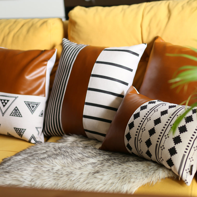 Brown and Ivory Geometric Faux Leather 17" Pillow Covers