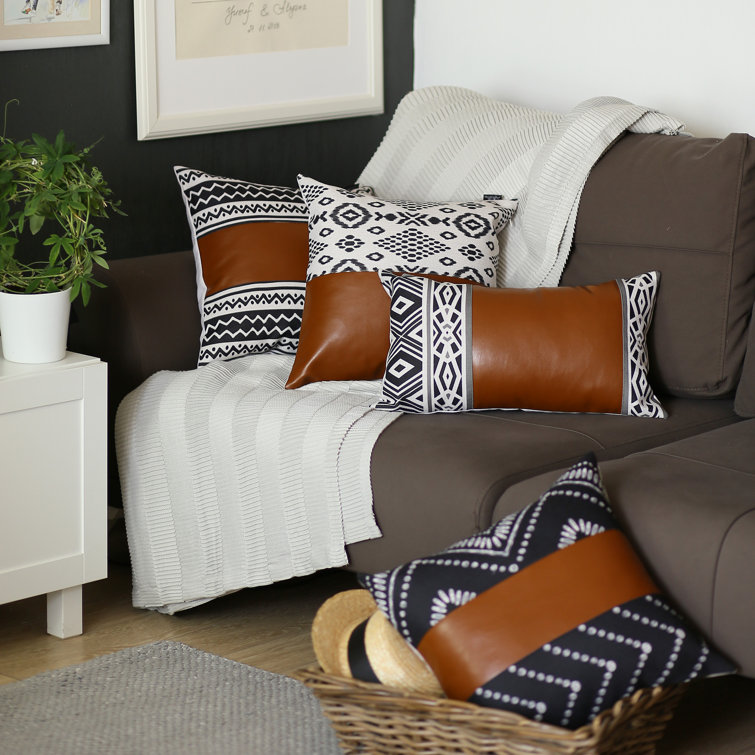 Brown and Ivory Faux Leather and Patterned Polyester 17" Pillow Covers