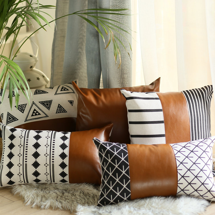 Brown and Ivory Geometric Faux Leather 17" Pillow Covers