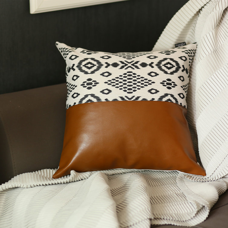 Brown and Ivory Faux Leather and Patterned Polyester 17" Pillow Covers
