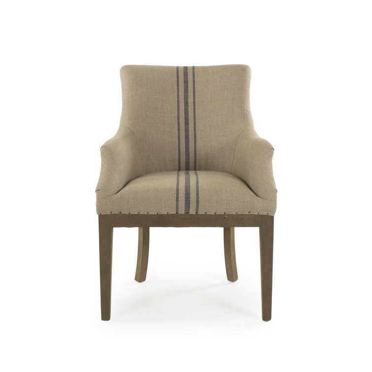 Khaki and Blue Stripe Linen Armchair with Birch Frame
