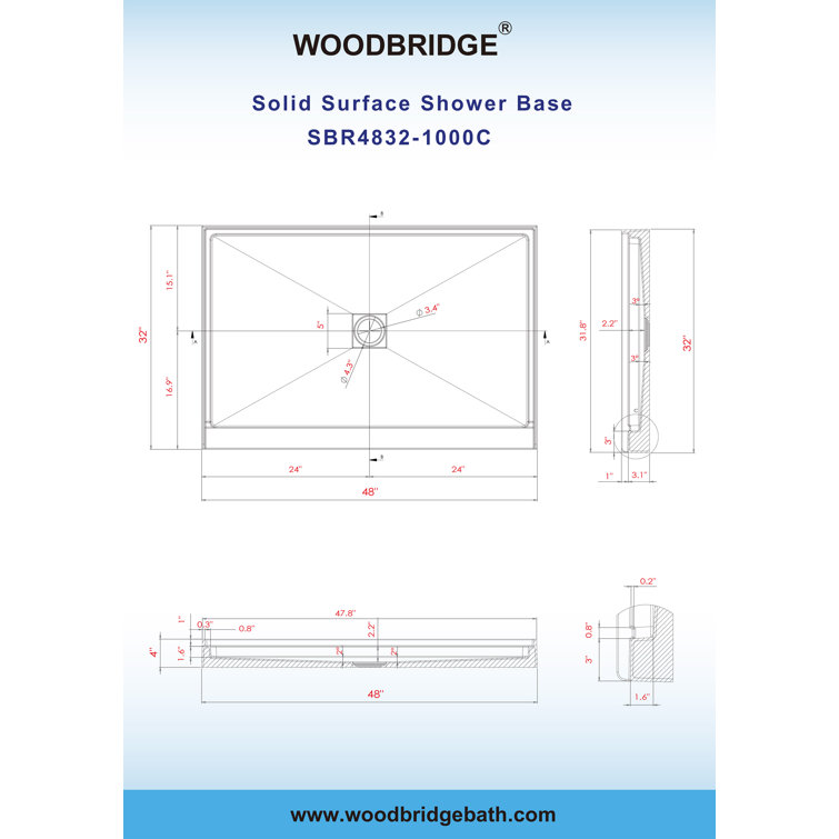 48" White Solid Surface Rectangular Shower Pan with Center Drain