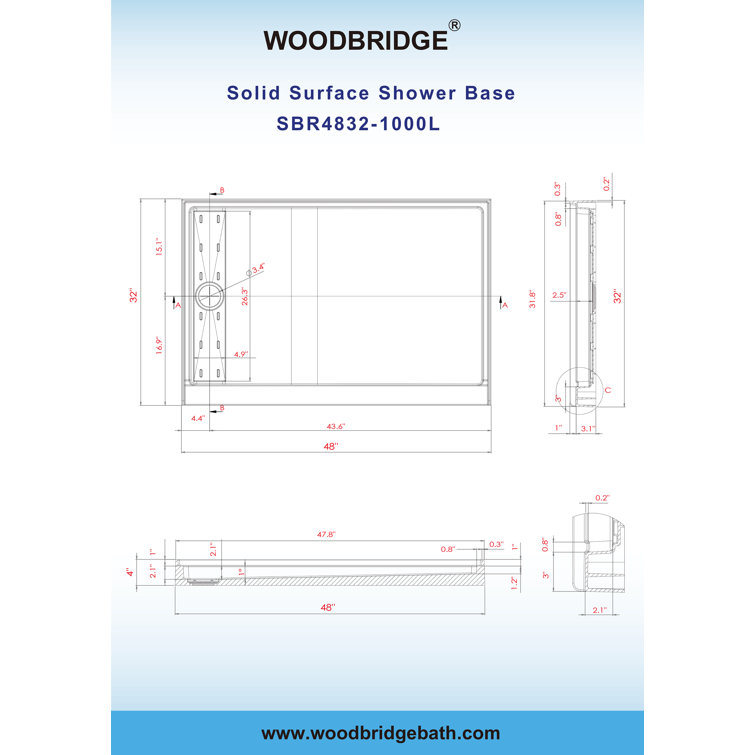 48" White Solid Surface Rectangular Shower Pan with Center Drain