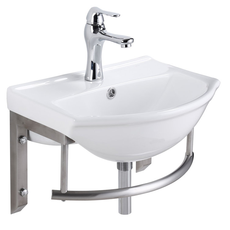 White Ceramic Wall-Mount Bathroom Sink with Chrome Faucet