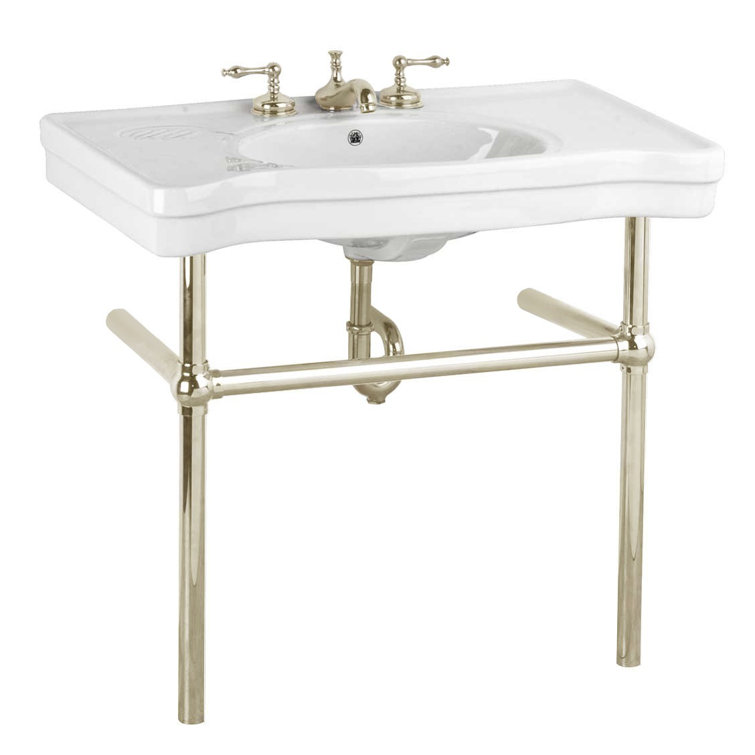 White Ceramic Console Sink with Satin Nickel Bistro Legs