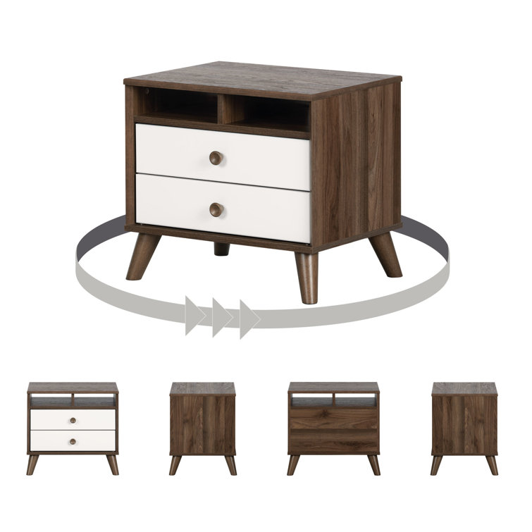 Natural Walnut and White 2-Drawer Scandinavian Nightstand