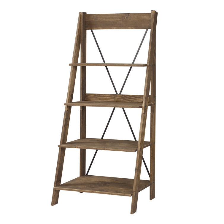 Pine Wood 68'' Brown Ladder Bookshelf with Metal X Design